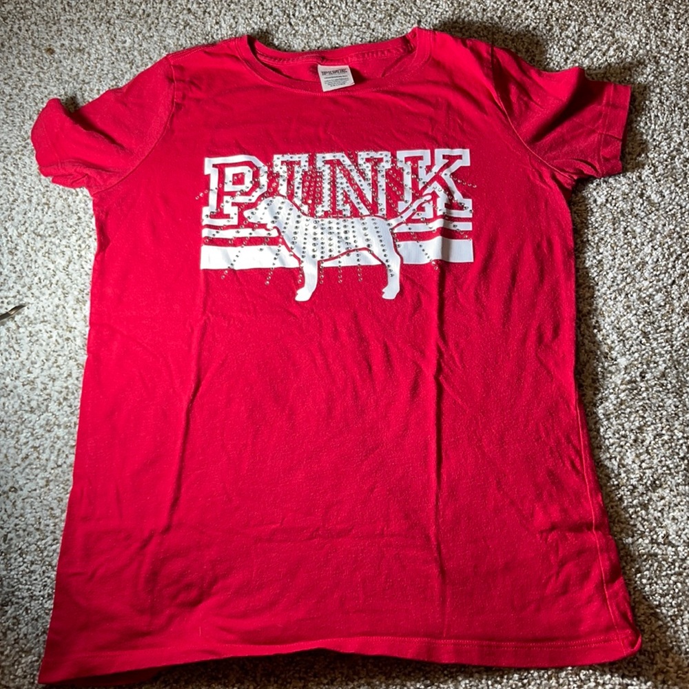 Pink red tee shirt with rhinestones